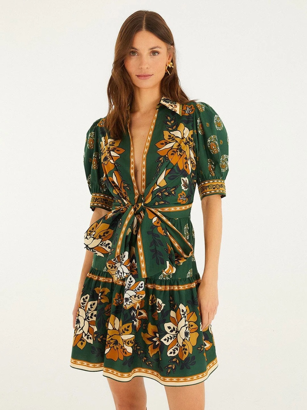 FARM Rio Green Floral Tie-Front Mini Dress with Mustard Accents